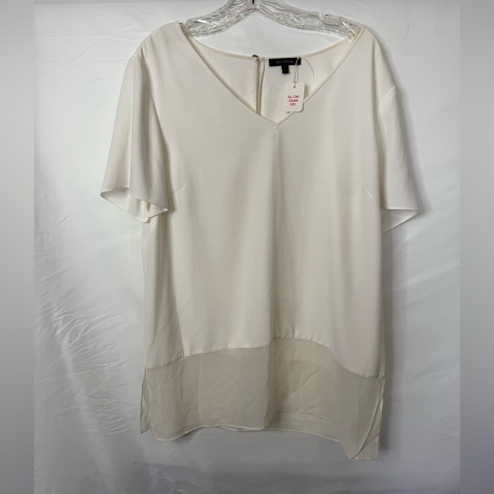 AS IS- ST. JOHN’s Sheer White Blouse with chiffon Trim Hem